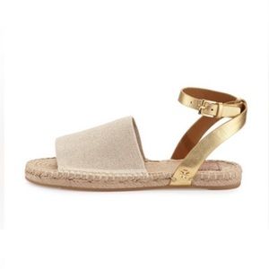 Tory Burch Stretch-Canvas Espadrille Sandal, Natural/Gold, 10